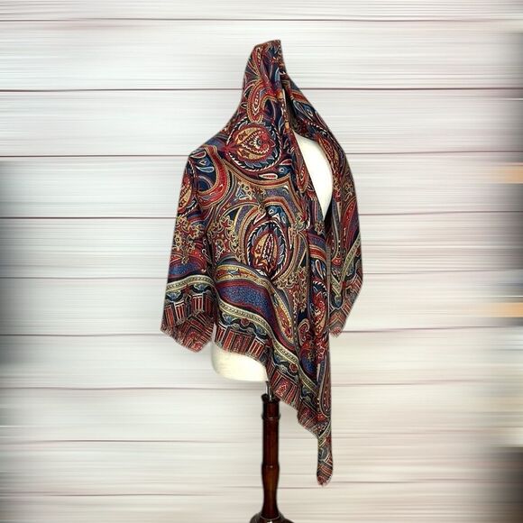 Large Square Scarf Paisley Red Blue Tan 46x46” - Picture 2 of 7
